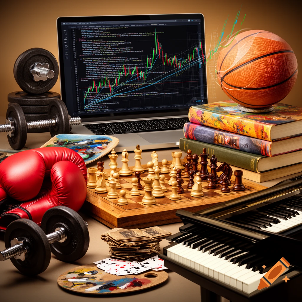 A flat lay image displaying various hobbies, including dumbbells, boxing gloves, a laptop with code, a basketball on books, a chessboard, playing cards, a piano, and an artist's palette.
