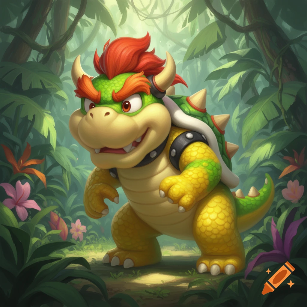 A cute, cartoonish Bowser Jr. with red hair and a small green shell, standing in a lush, vibrant jungle.