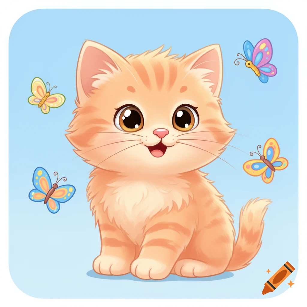 A cute orange cartoon kitten with big eyes sits happily, surrounded by colorful butterflies on a light blue background.