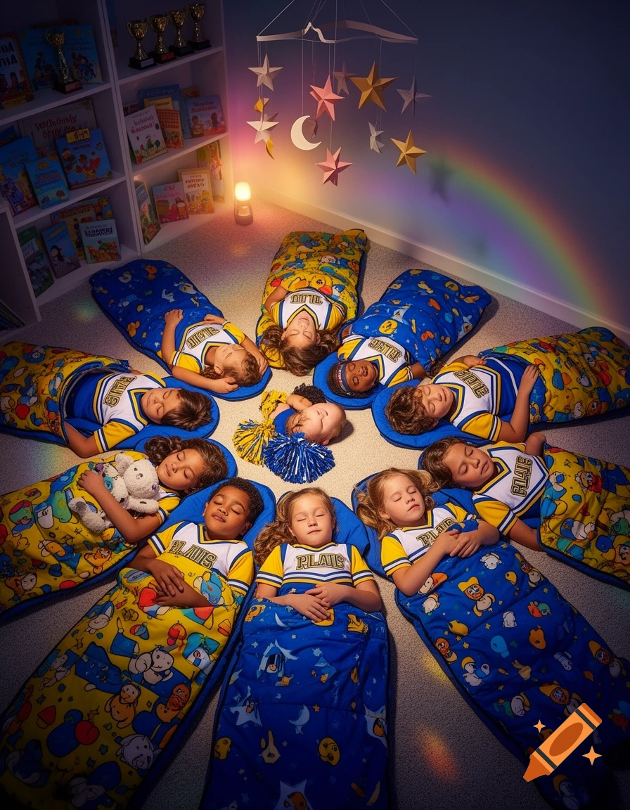 Overhead view of several young children in cheerleader uniforms sleeping in a circle in sleeping bags on the floor of a dim room with a bookshelf, a mobile, and a rainbow light.