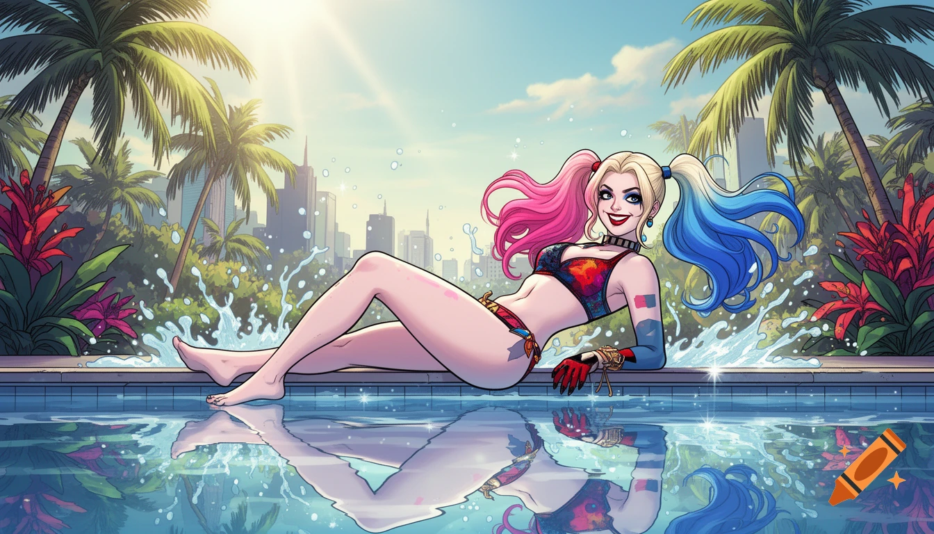 Animated Harley Quinn in a colorful bikini sunbathing by a pool with palm trees and a city skyline.
