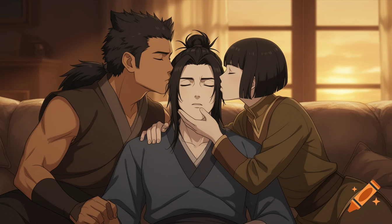 Anime-style illustration of three young adults on a couch; two kiss the central figure on the neck and cheek, conveying intimacy.