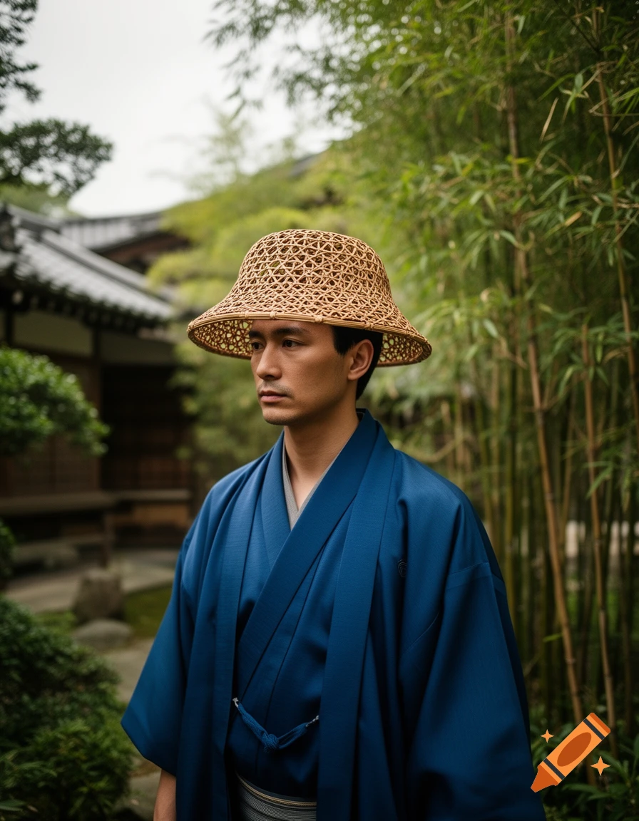 A man in a blue kimono and woven basket hat stands in a Japanese garden.