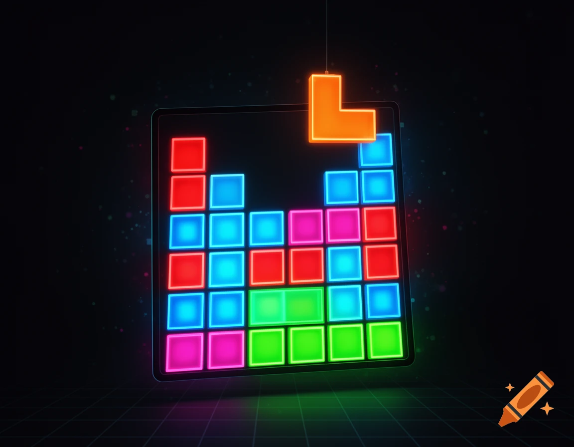 A vibrant neon Tetris game board on a dark background, with an orange L-shaped block descending.