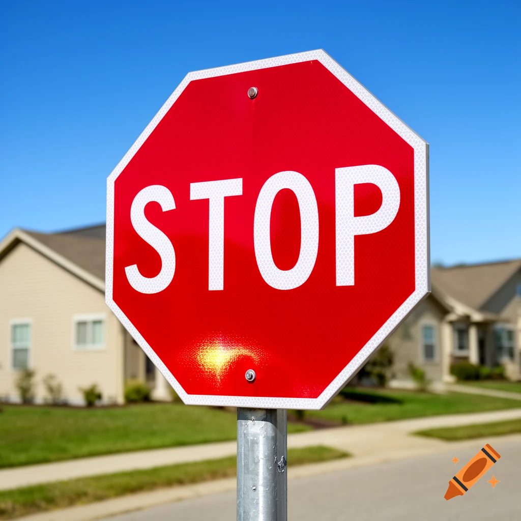 A red stop sign with white text 'STOP' on a metal pole in a suburban neighborhood under a clear blue sky.