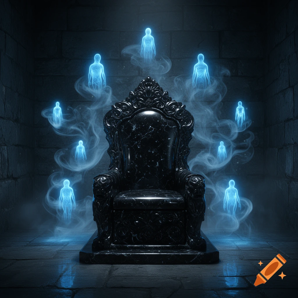 A dark, ornate marble throne in a stone room, surrounded by swirling mist and glowing blue, translucent human figures.