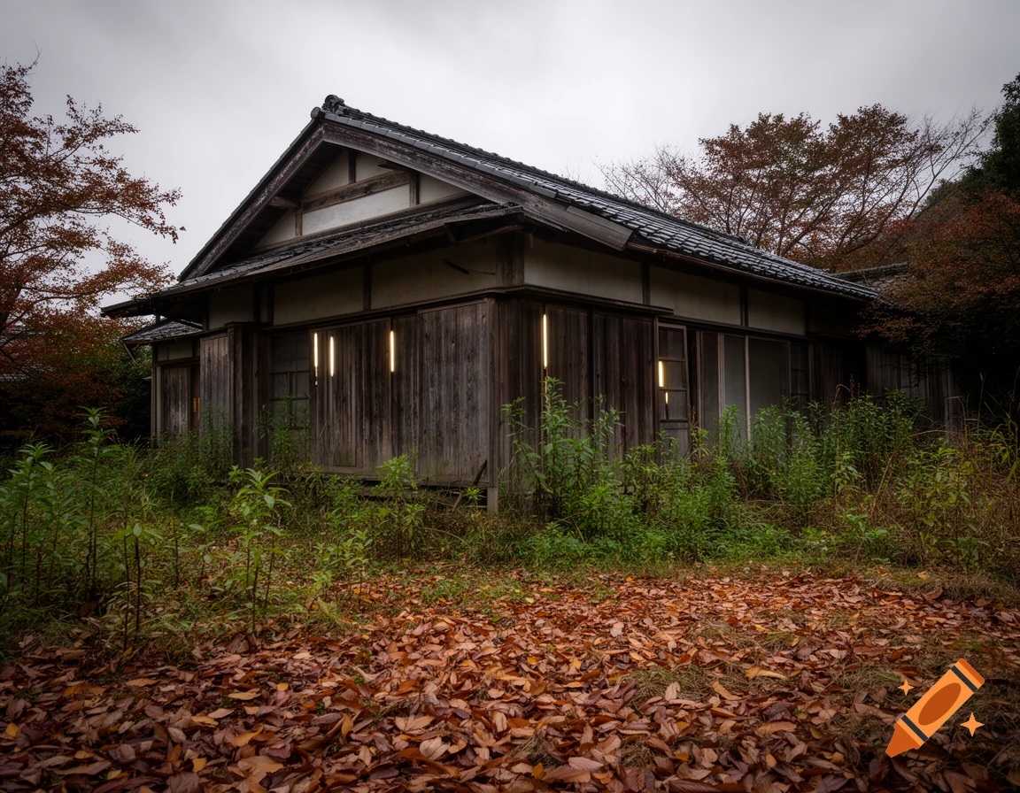 Photorealistic image of an abandoned old Japanese traditional house with an overgrown garden and fallen autumn leaves under an overcast sky.
