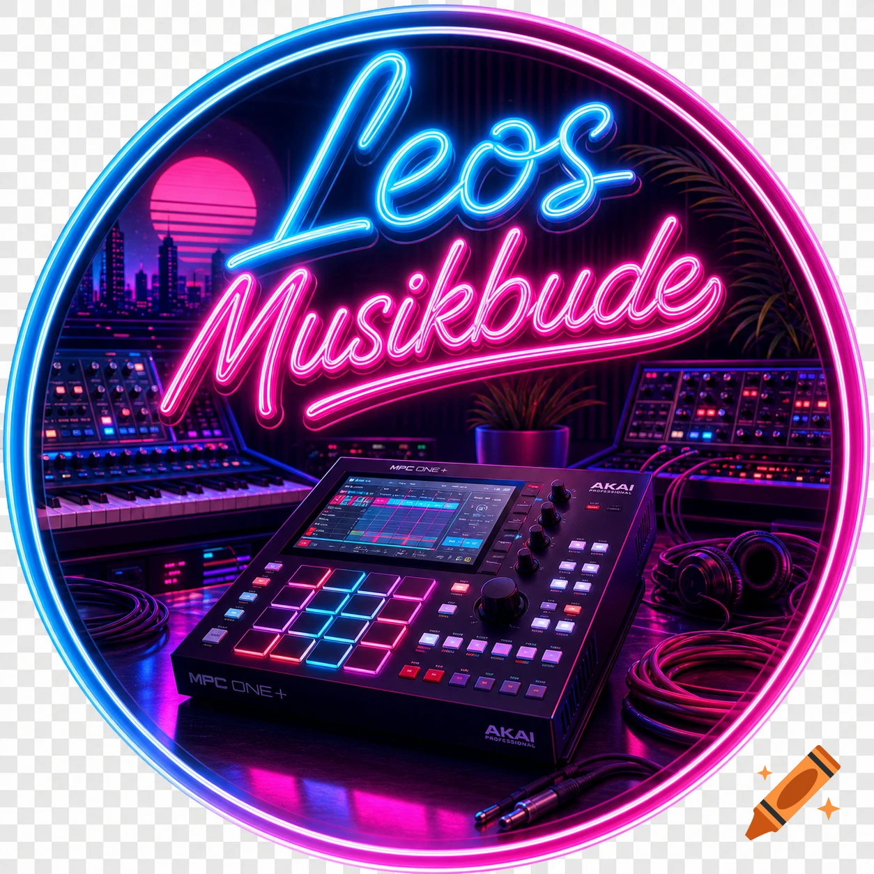 A circular synthwave logo with neon text "Leos Musikbude" above an Akai MPC One+ and synthesizers, all with neon reflections.