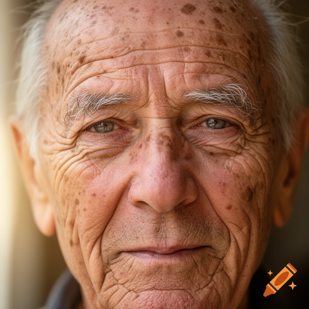 Close-up, hyper-realistic portrait of an elderly man with wrinkles and age spots on his face.