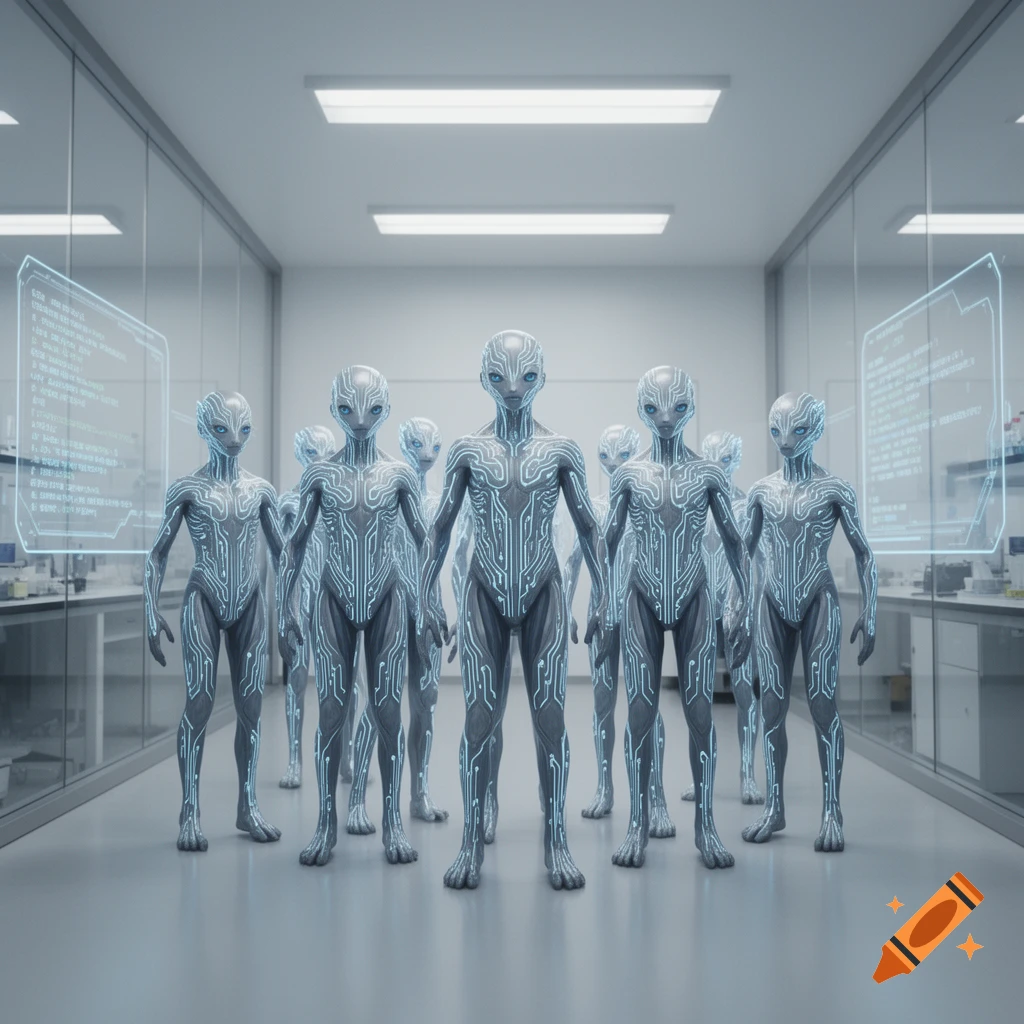 A group of humanoid aliens with glowing circuit patterns on their bodies stand in a futuristic laboratory.