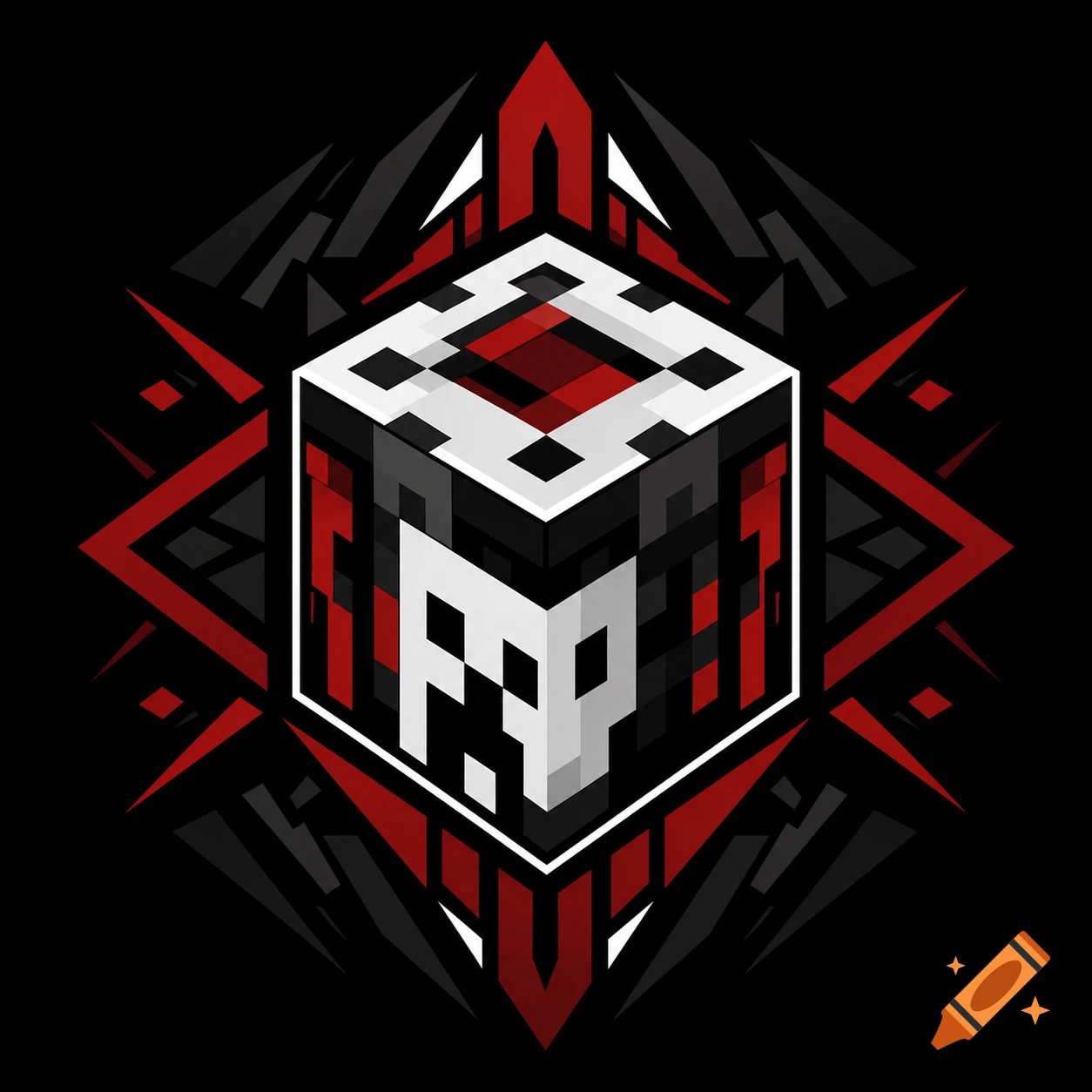 A pixelated white, black, and red cubic icon with abstract patterns, centered on a dark background with geometric red and black sharp designs.