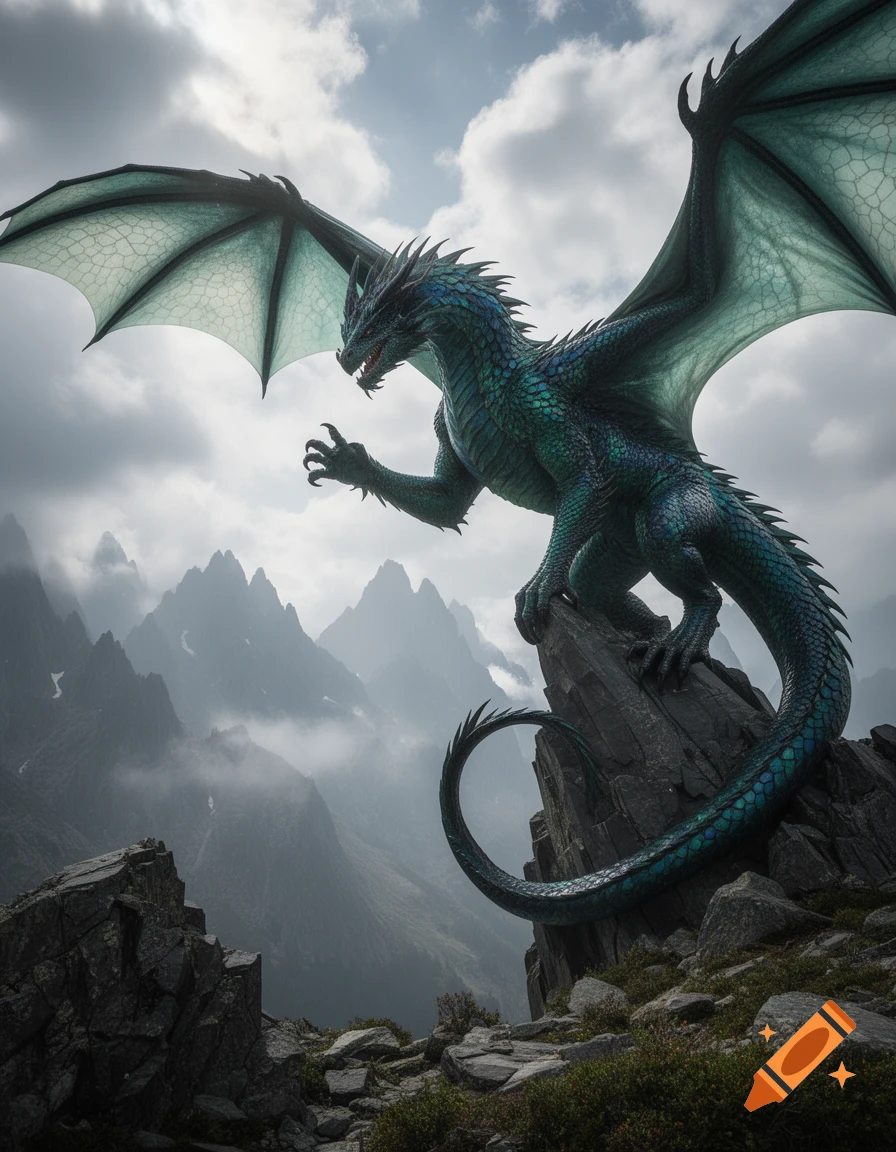 A majestic teal dragon with large wings perched on a rocky mountain peak under a dramatic cloudy sky, with misty mountains in the background.