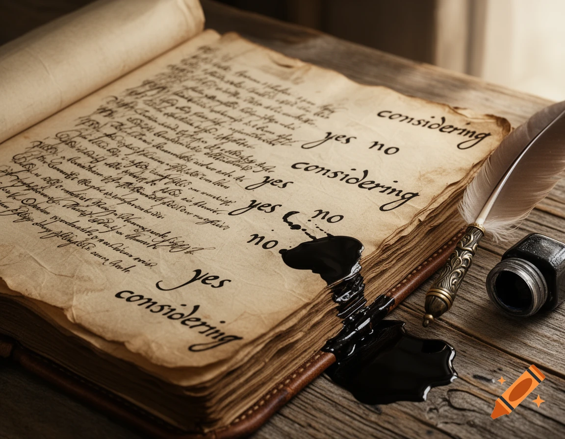 An open, aged ledger book with illegible script, "yes," "no," and "considering" written, next to a quill and spilled ink on a wooden desk.