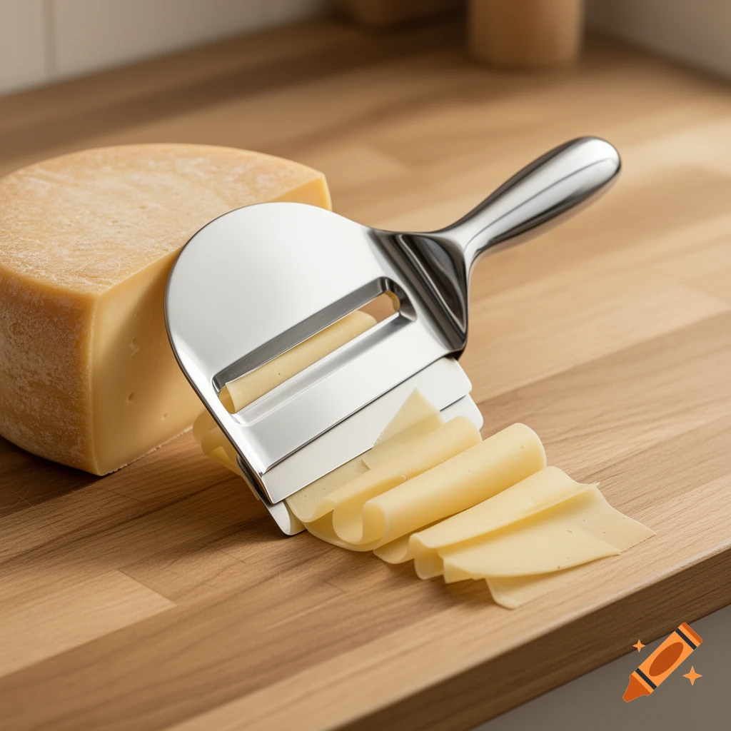 A silver cheese slicer making thin slices from a block of cheese on a wooden countertop.