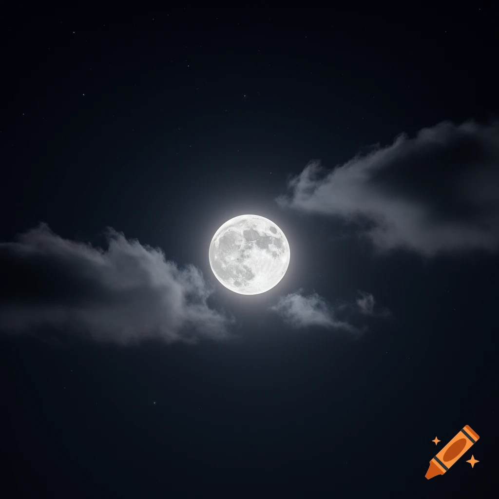 A bright full moon with visible craters shines through dark clouds in a starry night sky.