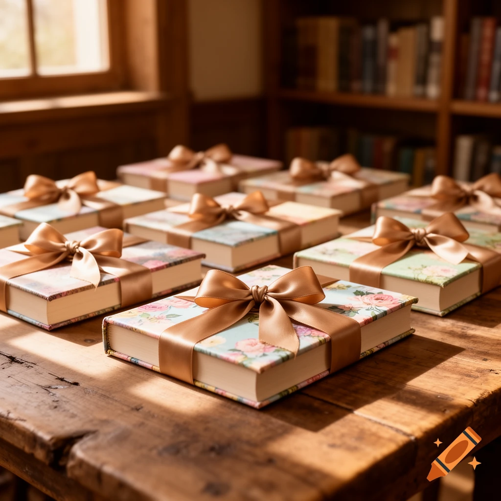 Many individually wrapped books with golden bows sit on a wooden table in a sunlit room with bookshelves.