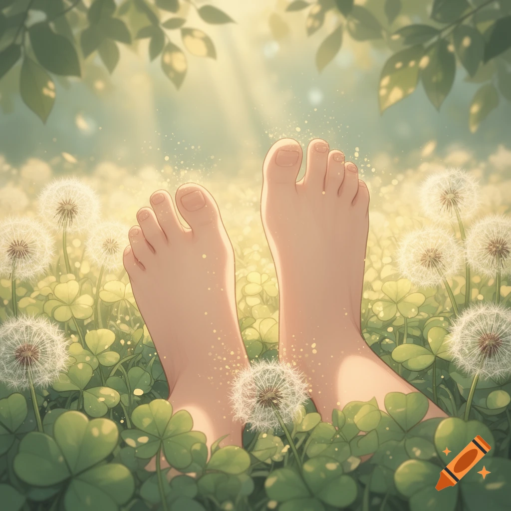 Bare feet relaxing in a field of dandelions and clover under dappled sunlight in a whimsical art style.