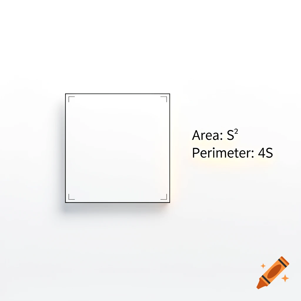 A white square diagram with the formulas for its area (S²) and perimeter (4S) displayed.
