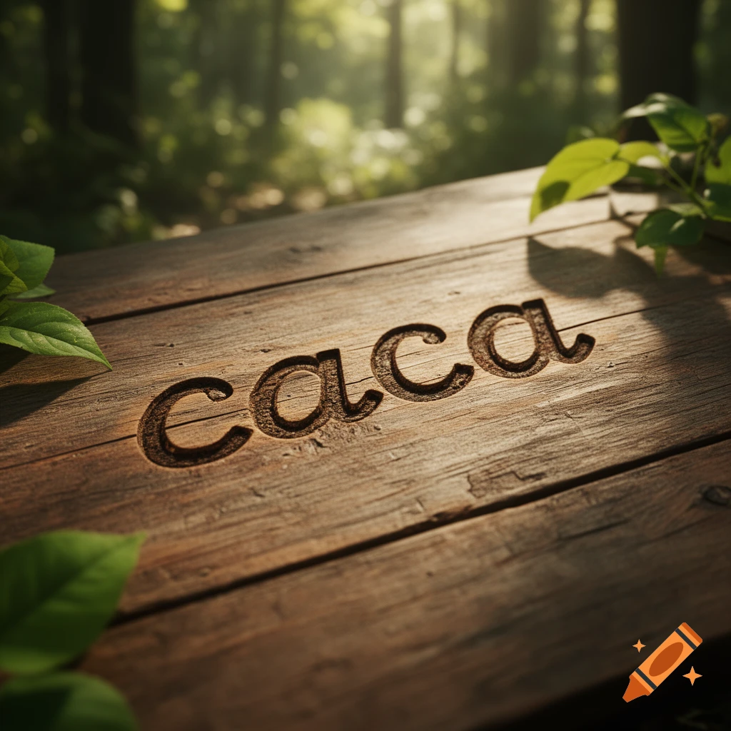 The word 'caca' carved into a rustic wooden table in a sun-dappled forest setting.