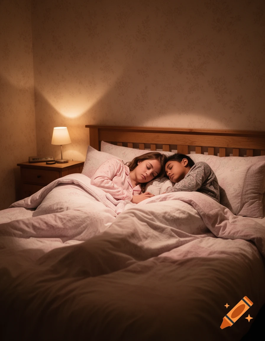 Two young girls sleep peacefully side-by-side in a cozy bed, covered by a light pink duvet in a dimly lit bedroom.