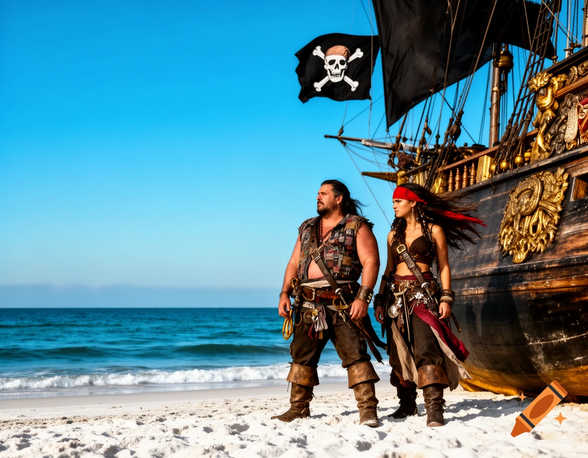 A male and female pirate stand on a sandy beach next to a large pirate ship under a clear blue sky. A skull and crossbones flag flies from the mast.