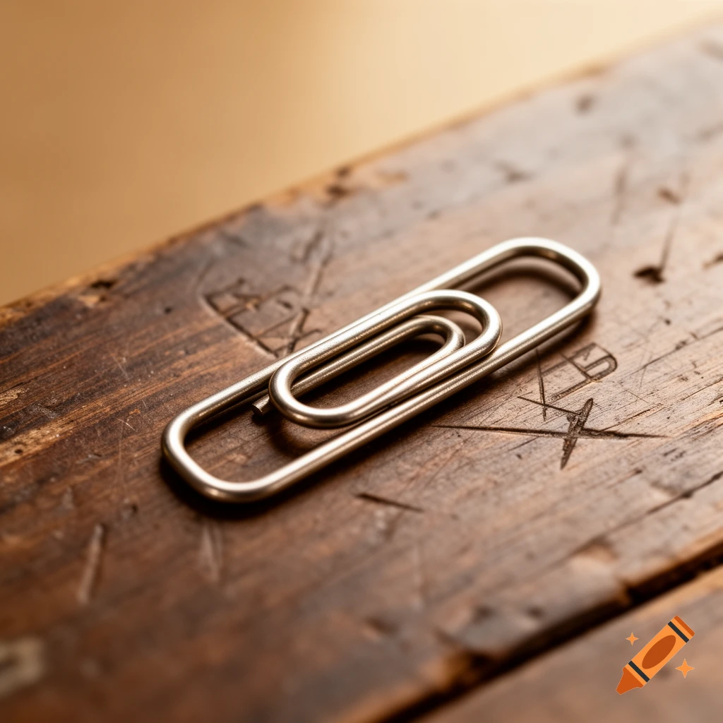 A close-up shot of a silver paperclip resting on a textured, vintage wooden surface with carved marks.