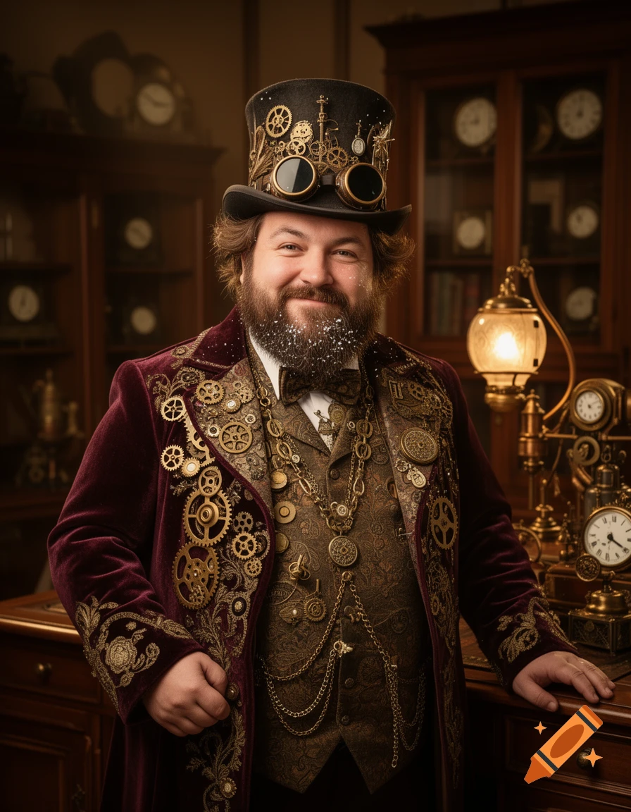A smug, bearded man in an ornate, over-the-top steampunk outfit with gears and chains, stands smiling in a vintage study.