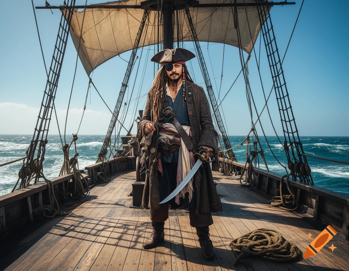 A man dressed as a pirate, resembling Captain Jack Sparrow, stands on a ship deck with a sword, on a sunny day at sea.