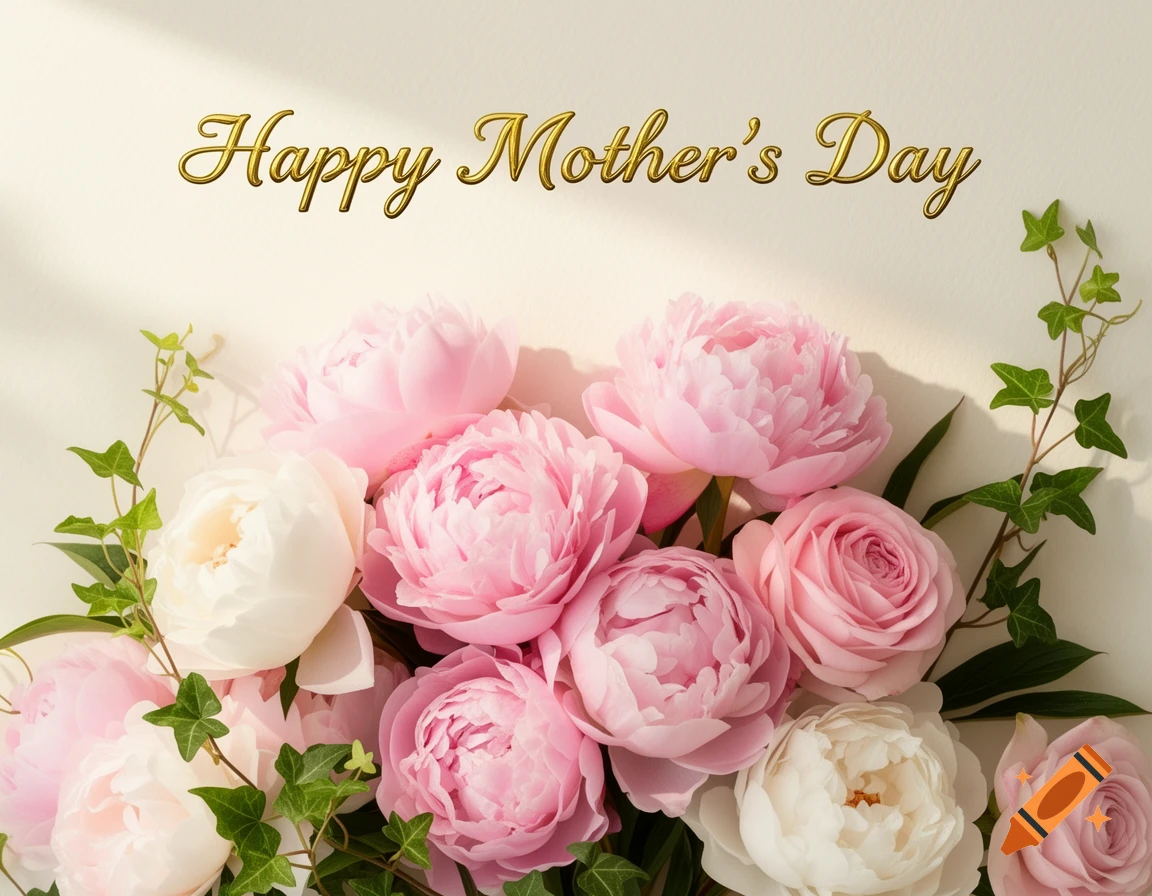 A close-up of pink and white peonies and roses with green ivy, and golden text 'Happy Mother's Day' on a cream background.
