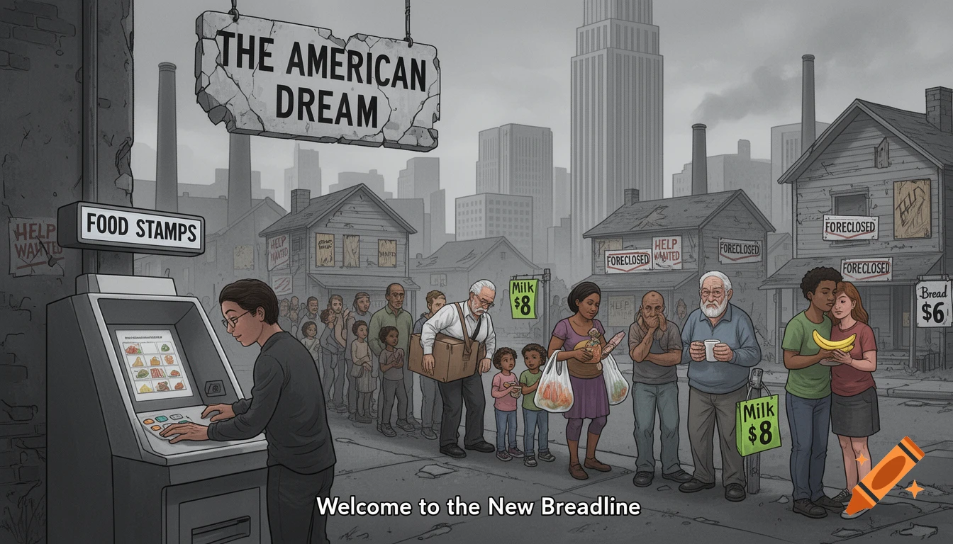 An illustration of a long line of people waiting for food stamps in a gloomy, economically depressed city with foreclosed homes and high food prices.