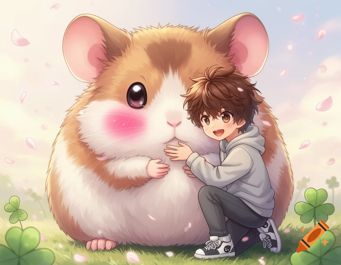 Anime boy gently hugs a giant, blushing hamster in a grassy field with clover and falling pink petals.