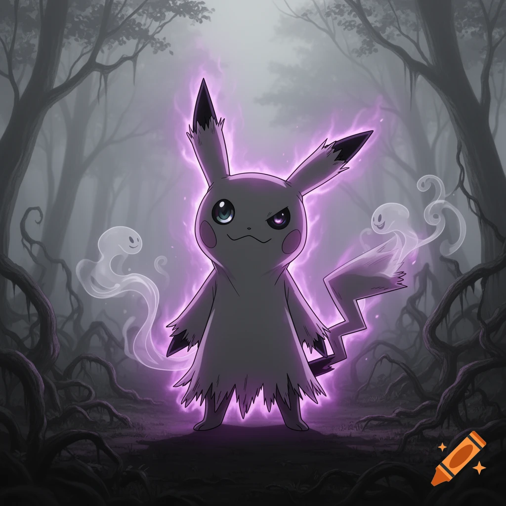 A shadowy Mimikyu Pokémon with a purple aura stands in a dark, misty ...
