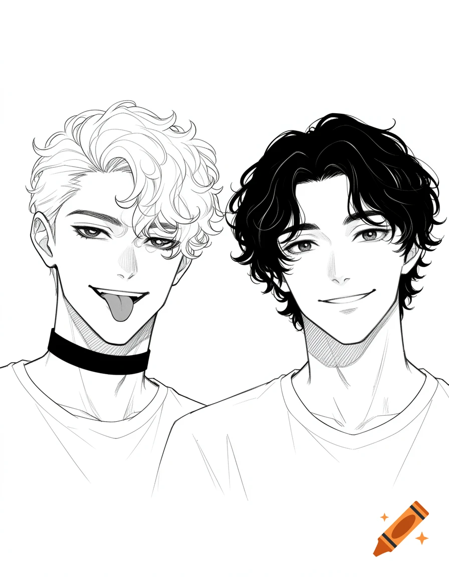 A black-and-white manga sketch of two men; one with light curly hair, a choker, sticking his tongue out, and the other with dark curly hair smiling.