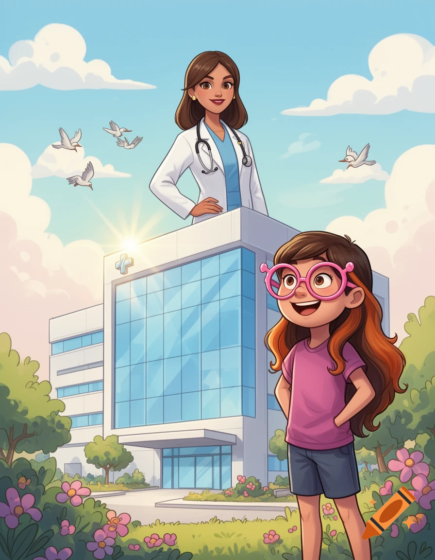 Cartoon female doctor and a girl in pink glasses stand in front of a hospital on a sunny day, with birds and flowers.