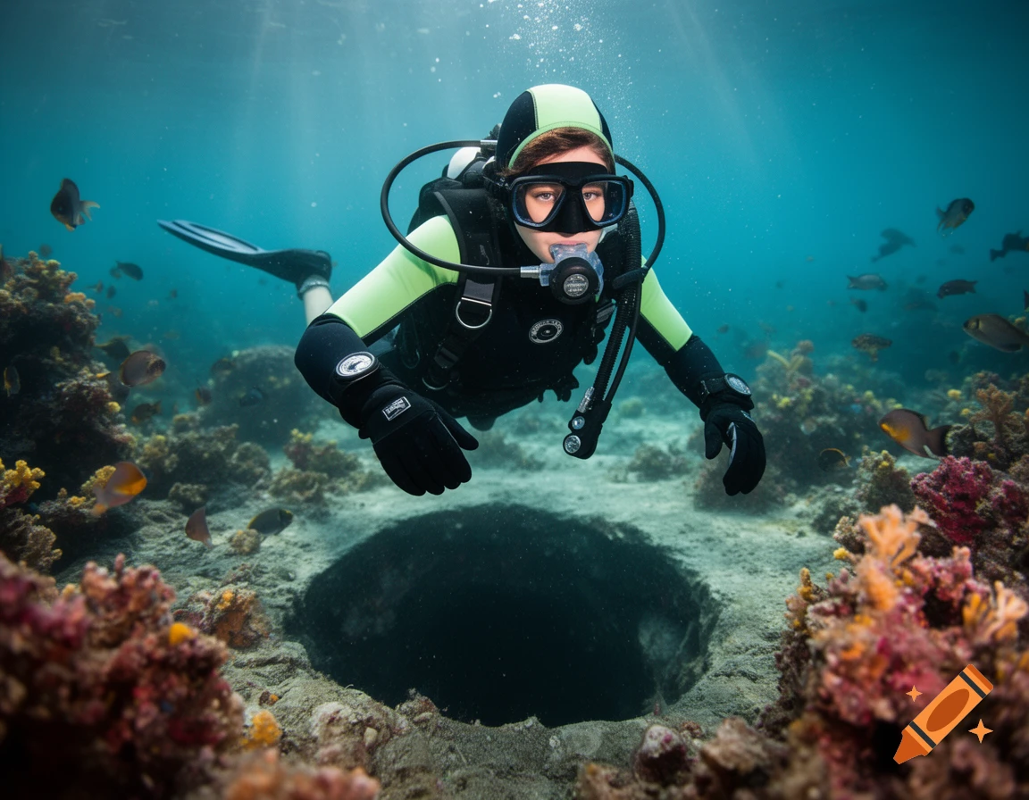A diver in a black and green wetsuit and goggles swims above a dark hole on a coral reef underwater.