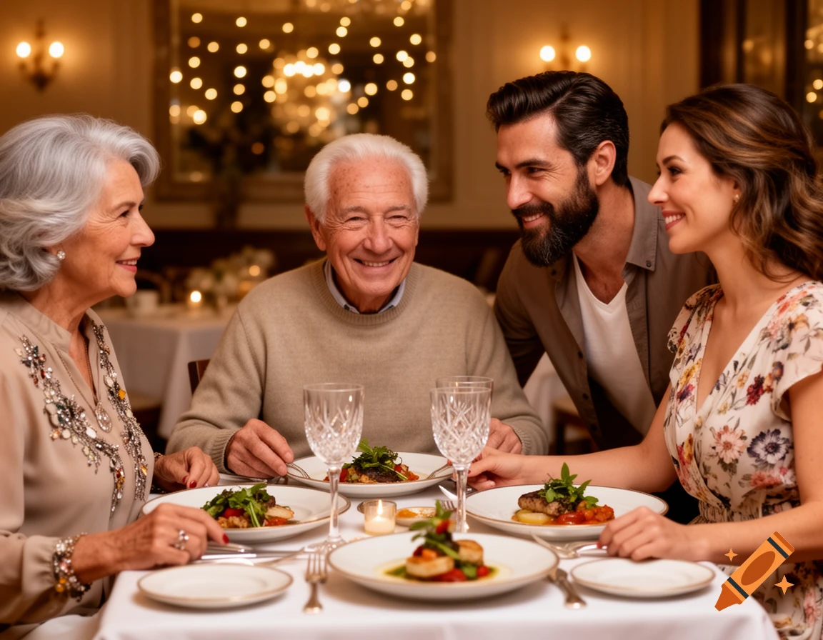 A family of four, including an older couple and a younger couple, enjoying a meal together in an elegant restaurant.