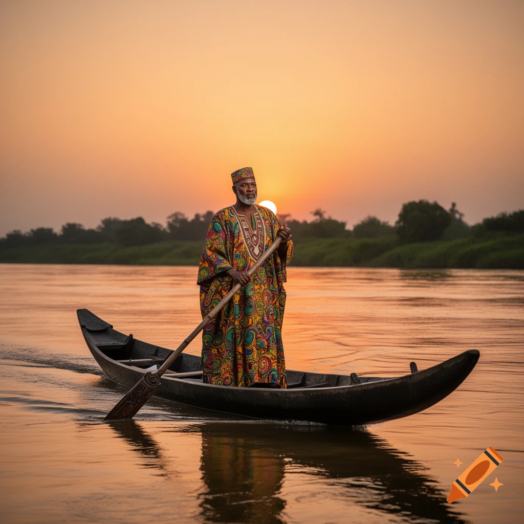 A man in colorful traditional attire paddles a canoe on a river at sunset, with a golden sky.