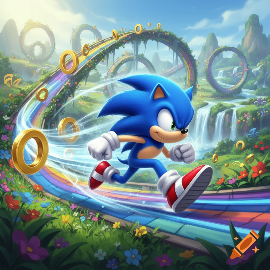 Sonic the Hedgehog runs on a rainbow track surrounded by golden rings, waterfalls, and green hills in a vibrant cartoon style.