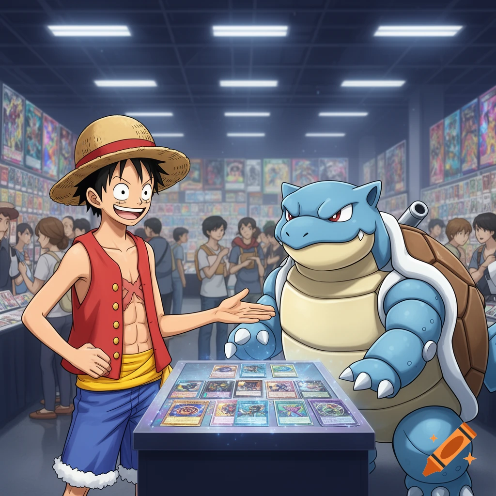 Luffy from One Piece and Blastoise from Pokmon are at a card show, with Luffy gesturing towards a display of trading cards. Anime style.