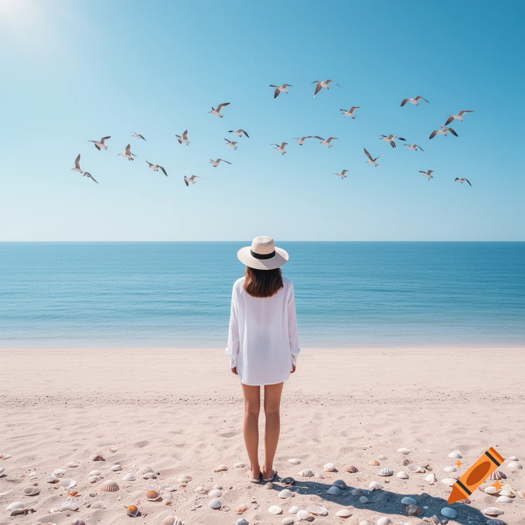 A woman in a white shirt and hat stands on a sandy beach looking out at the calm blue sea, with seagulls flying in the clear sky.