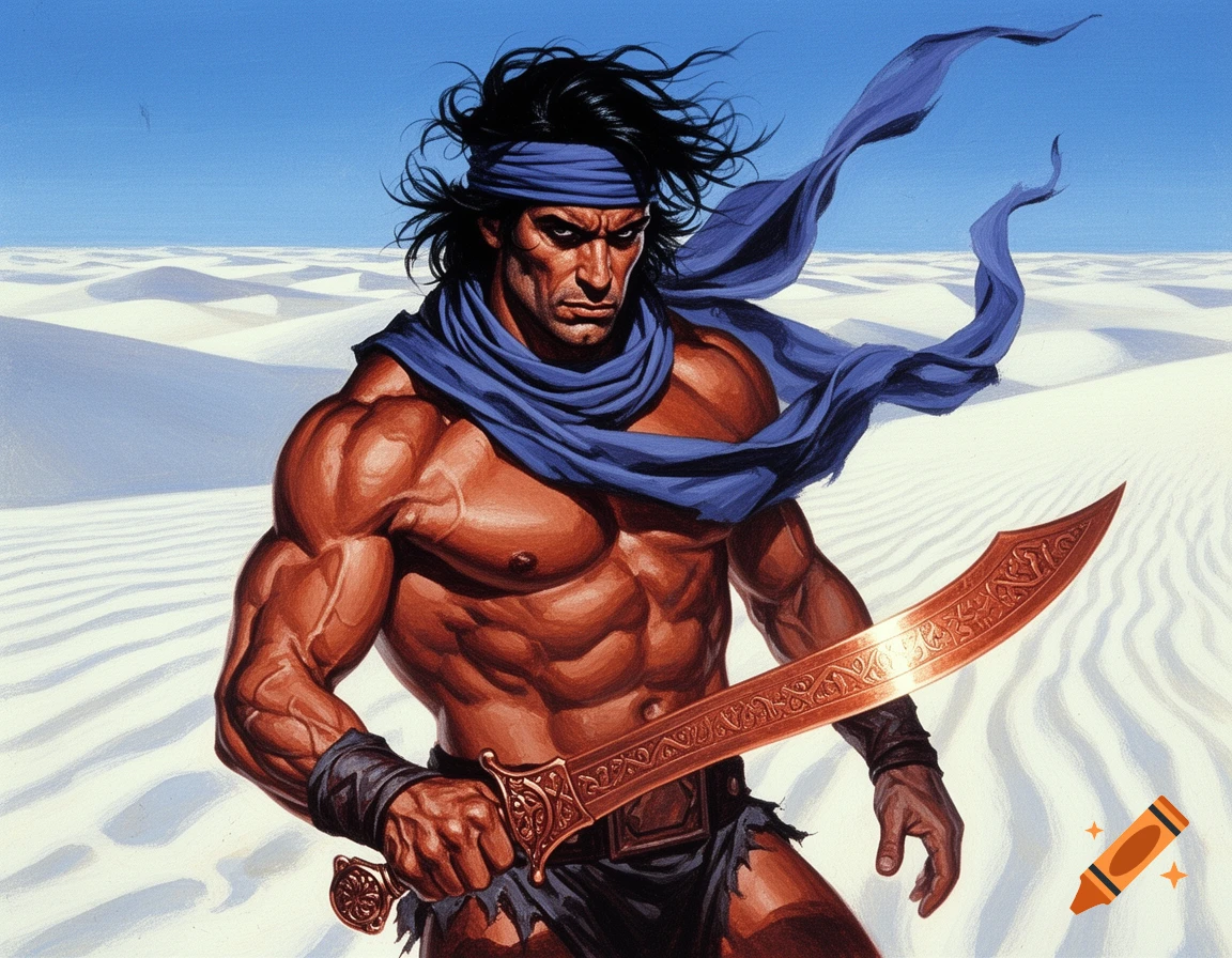 A muscular barbarian with dark hair and a blue headscarf holds a curved copper sword in a white sand desert, painted in a pulp art style.