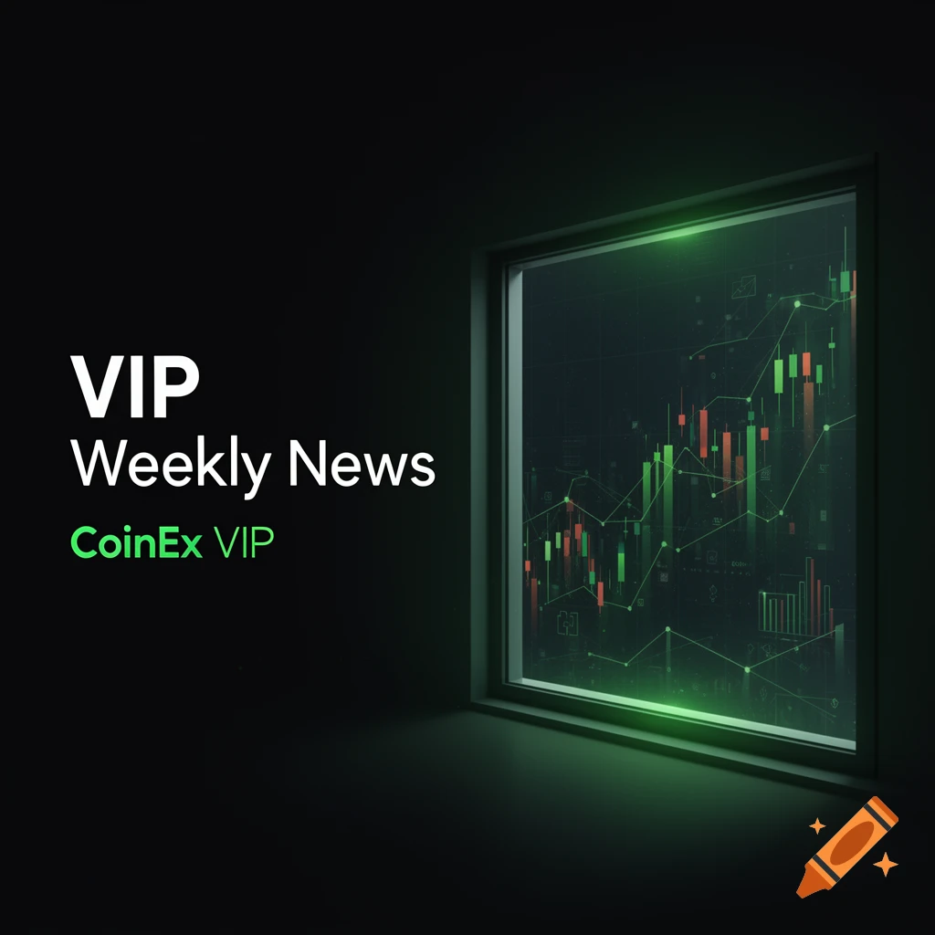 A dark, futuristic image with white text 'VIP Weekly News' and green 'CoinEx VIP' on the left, and glowing green/red crypto charts in a window on the right.