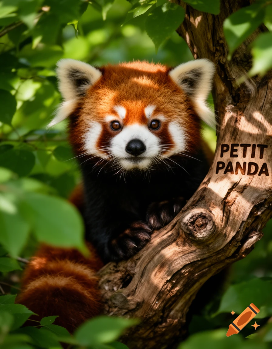 A cute red panda peeking from behind a tree trunk in a lush green forest with text 'PETIT PANDA' on the tree.