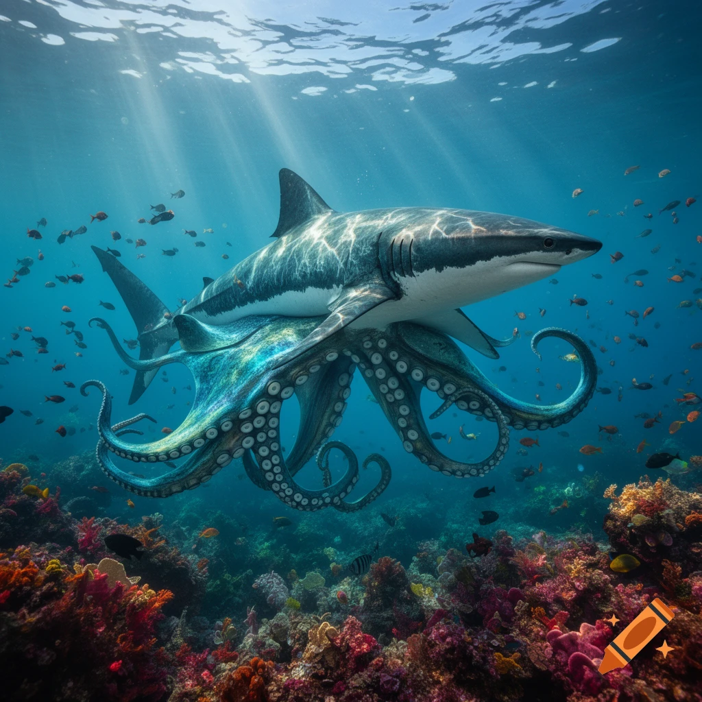 Photorealistic image of a shark-octopus hybrid swimming above a vibrant coral reef with schooling fish.