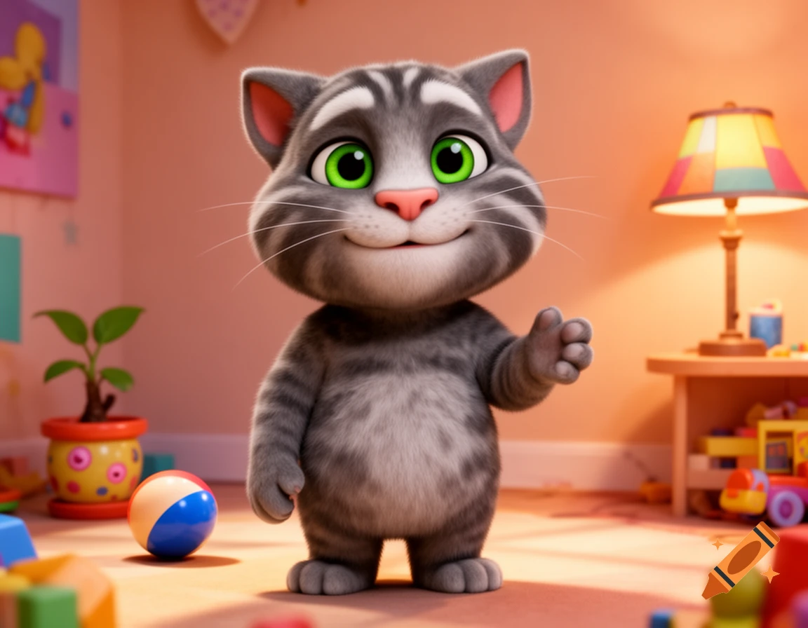A smiling gray and white striped cartoon cat, Talking Tom, with green eyes, giving a thumbs up in a child's room filled with toys and a colorful lamp.