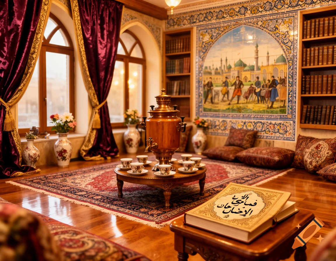 An ornate traditional room with velvet curtains, a patterned rug, a samovar with teacups, bookshelves, a tiled mural, and a book on a table.