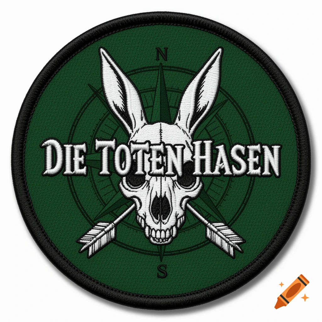 A circular embroidered patch featuring a white rabbit skull with crossed arrows over a dark green background and a compass rose, with text 'DIE TOTEN HASEN'.