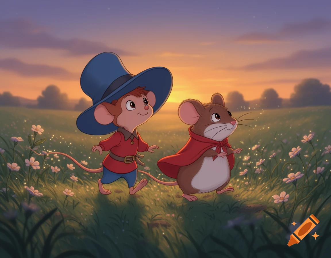 Two cartoon mice, one in a blue hat and red shirt, the other in a red cape, walk through a glowing meadow at sunset.