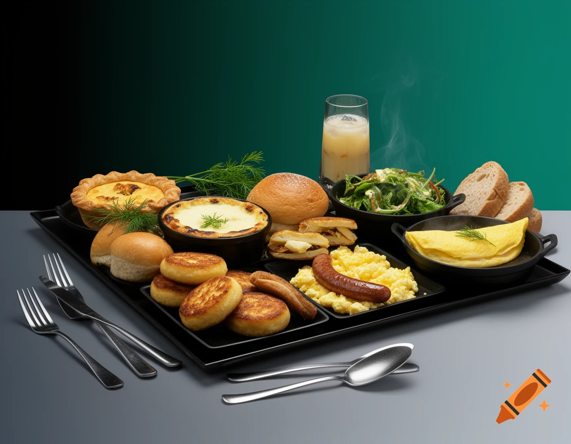 A lavish breakfast spread featuring an omelet, scrambled eggs with a sausage, pancakes, a quiche, a gratin, buns, a salad, bread slices, and a glass of juice, all arranged on a black serving tray.