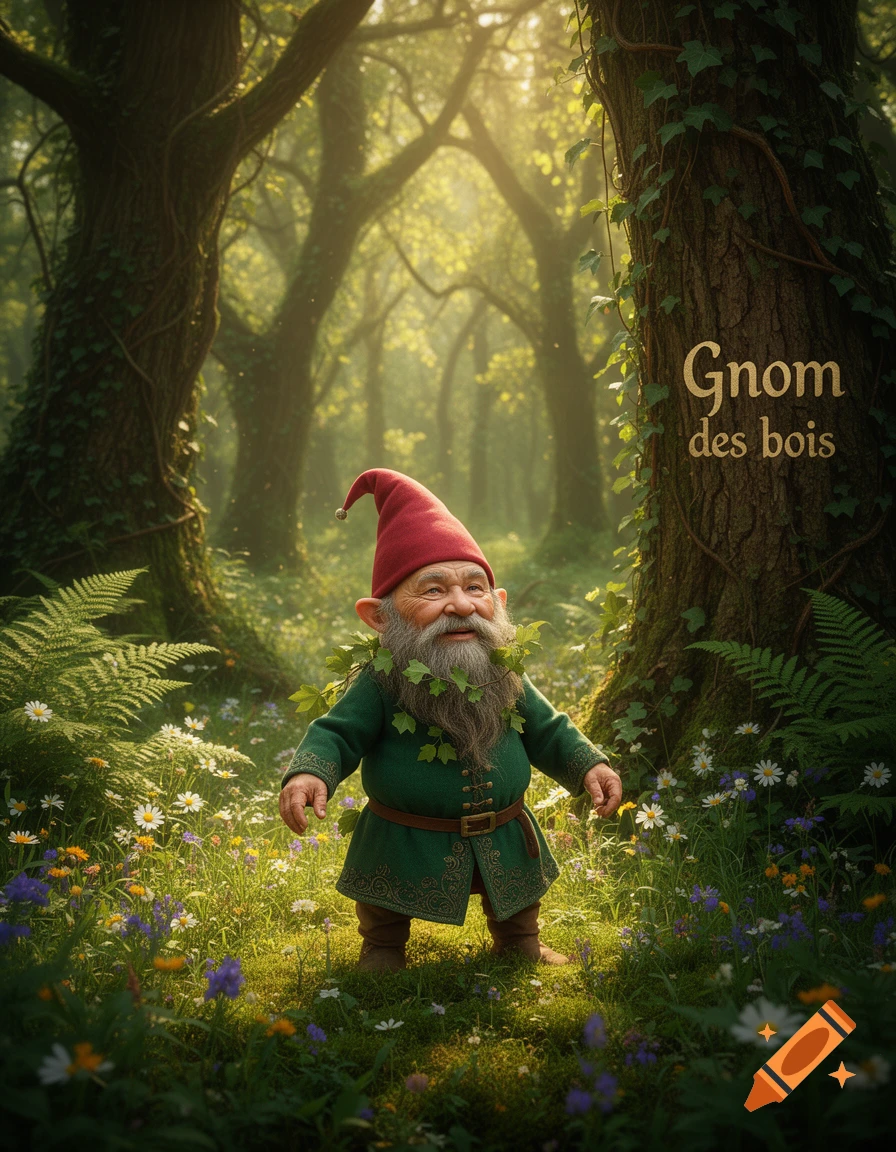 A smiling old gnome with a red hat and green outfit stands in a sunlit forest clearing among wildflowers. Text 'Gnom des bois' is on a tree trunk.